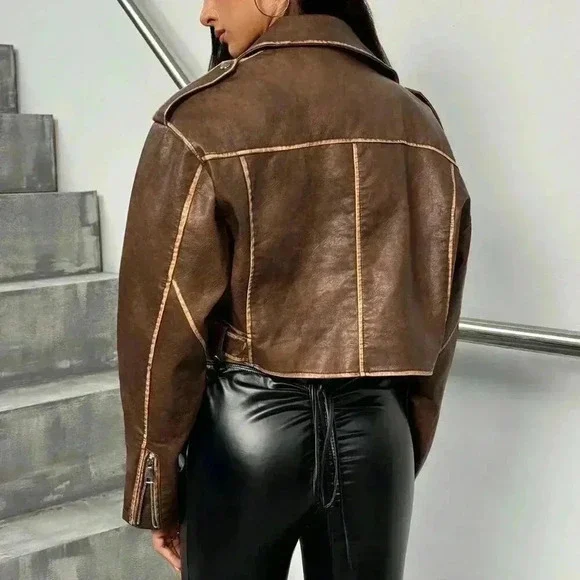 Brown Casual Women's Washed Fabric Moto Jacket - Picture 2 of 7